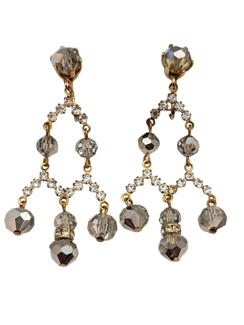 AB Beaded Prong Set Clear Rhinestone Chandelier Clip-On Earrings 2” Long, K130